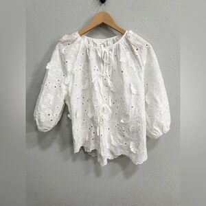 Adiva Floral White Lace Eyelet Three Bow Blouse